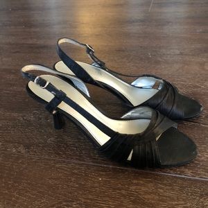 Liz Claiborne Black Satin Kitten Heels Silver Buckle | Size 5